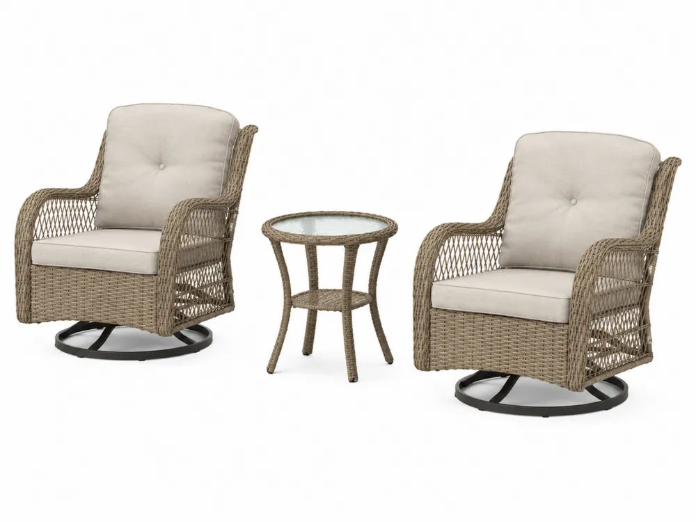Ensemble de chaises pivotantes en résine tressée avec table en verre trempé