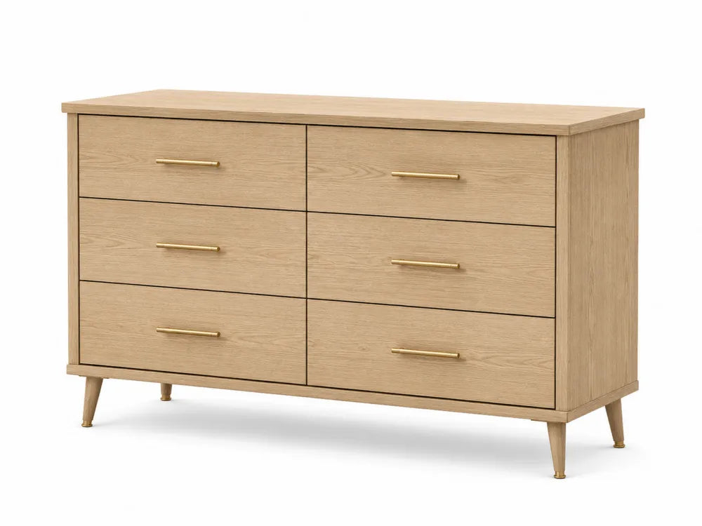 Commode 6 tiroirs en bois chêne clair avec poignées dorées