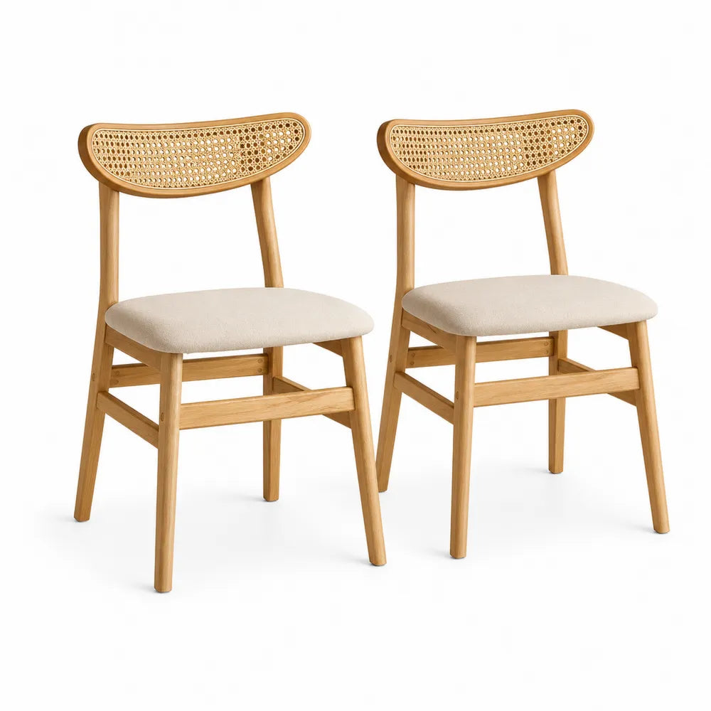 Lot de 2 chaises en bois de chêne et cannage, assise en tissu beige