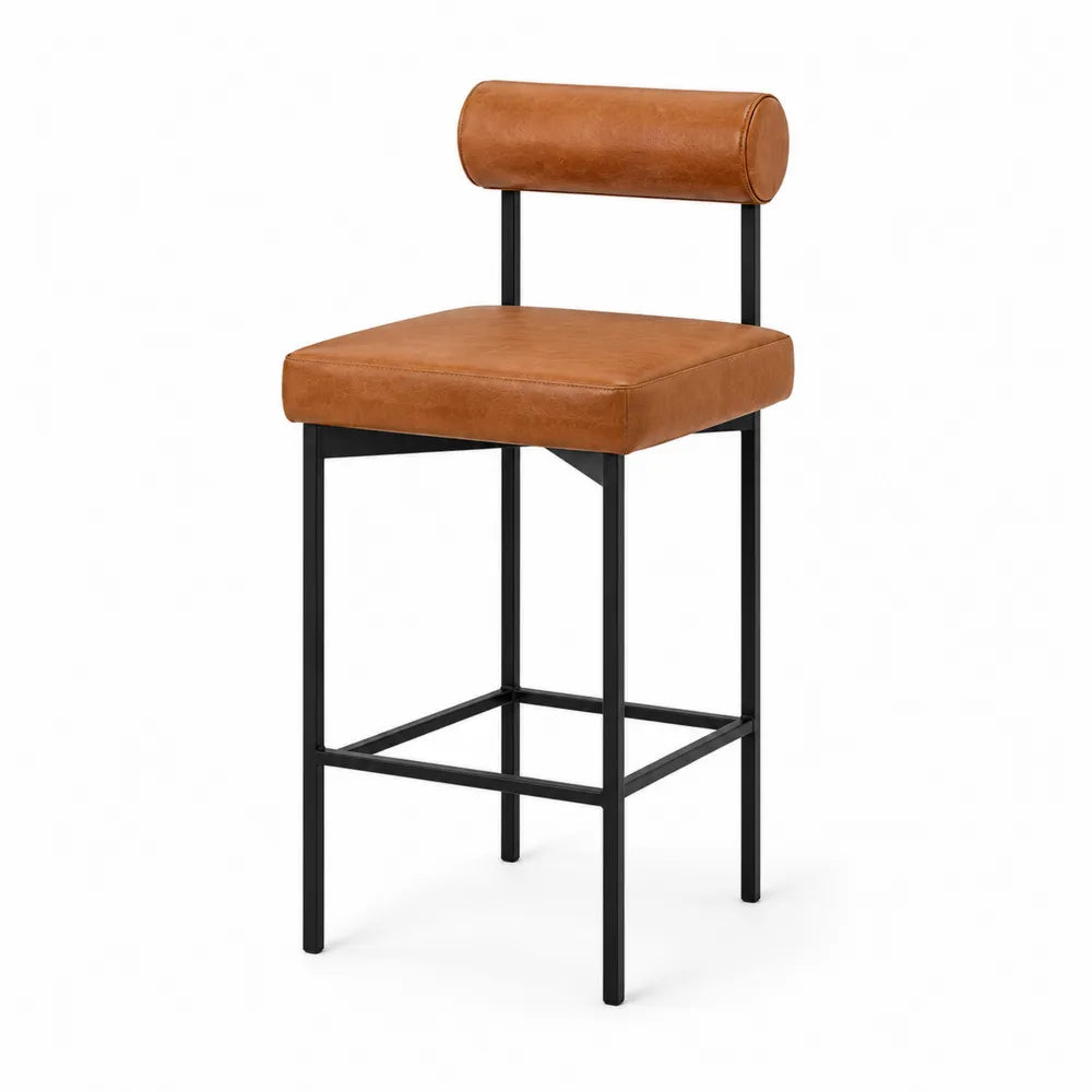 Tabouret de bar en cuir synthétique marron et métal noir
