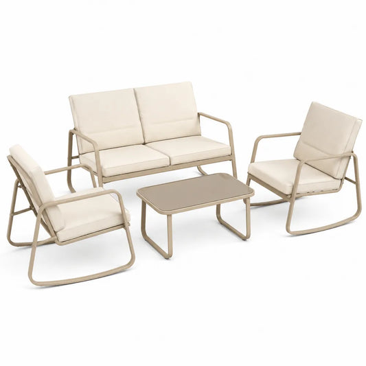 Salon de jardin en métal beige avec coussins en polyester et table en verre trempé
