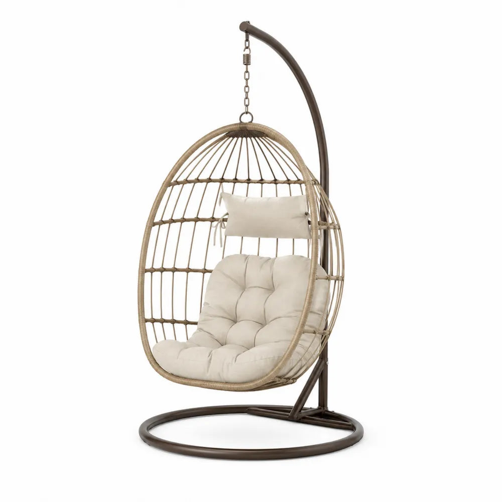 Chaise suspendue en rotin avec coussin beige