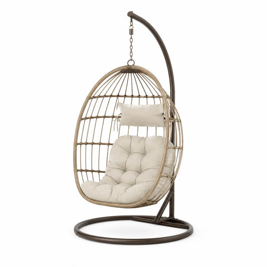 Chaise suspendue en rotin avec coussin beige