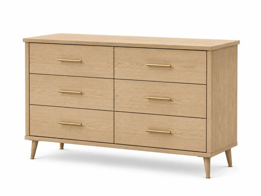 Commode 6 tiroirs en bois chêne clair avec poignées dorées