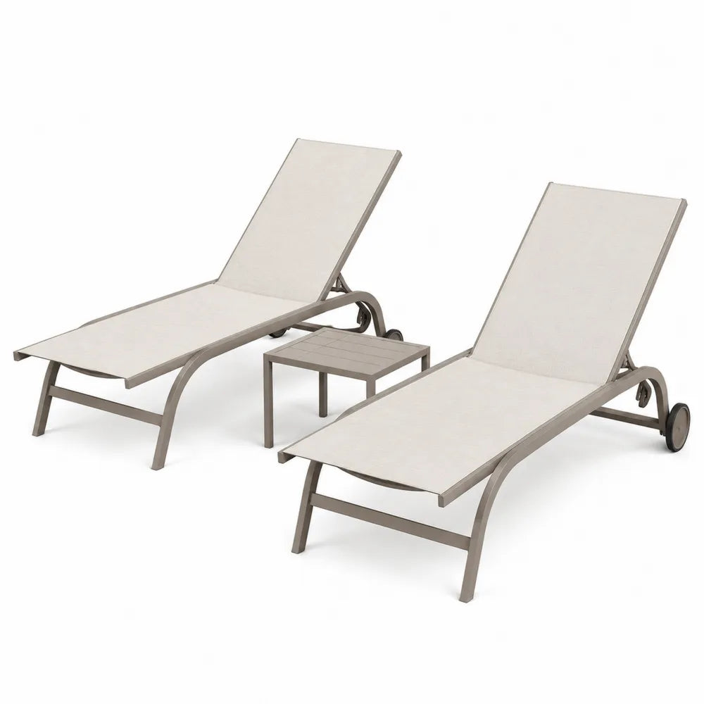 Set de 2 chaises longues en aluminium avec table en textilène beige
