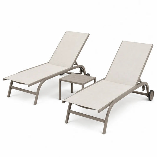 Set de 2 chaises longues en aluminium avec table en textilène beige