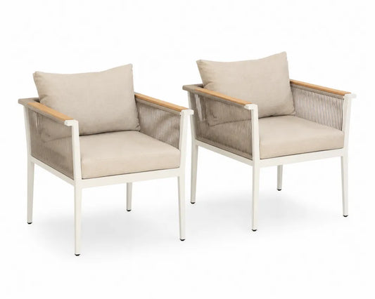 Paire de fauteuils en aluminium avec accoudoirs en bois de teck et coussins