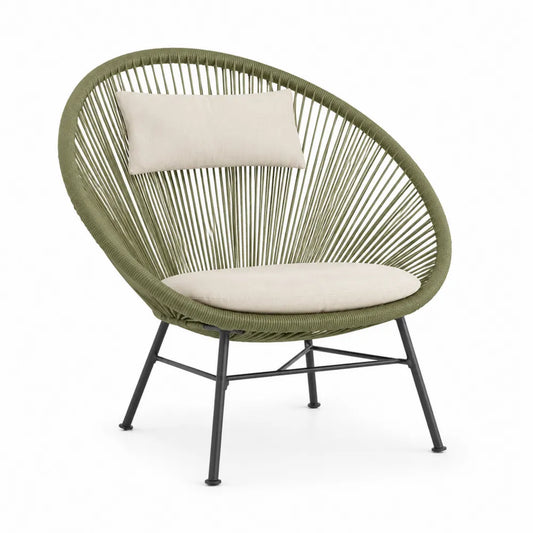 Chaise en corde vert avec coussin beige et structure métallique