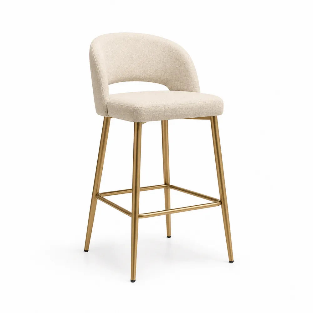 Tabouret de bar en tissu beige avec pieds en métal doré
