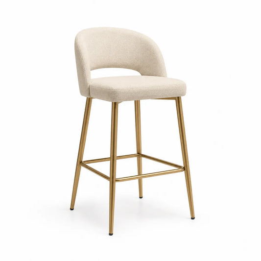 Tabouret de bar en tissu beige avec pieds en métal doré
