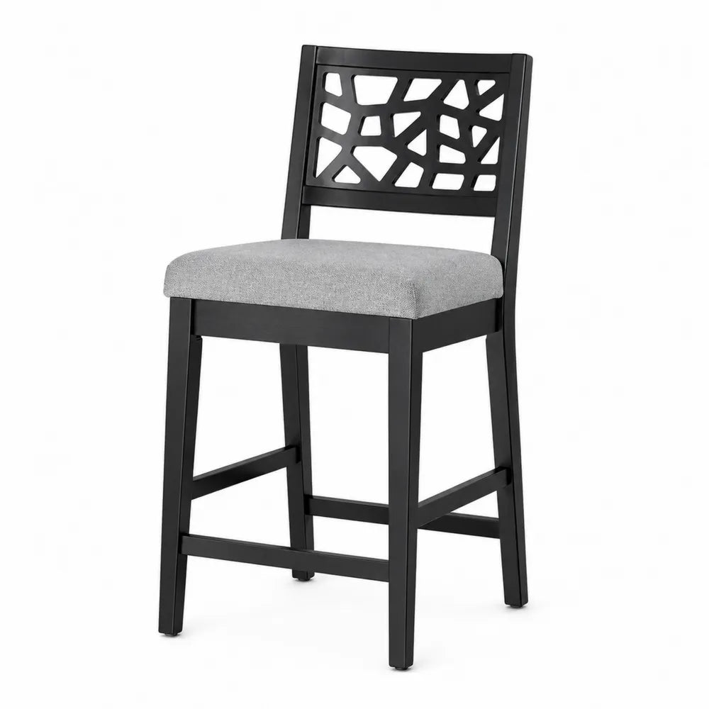 Tabouret de bar en bois noir avec dossier géométrique et assise en tissu gris, 45x50x100 cm
