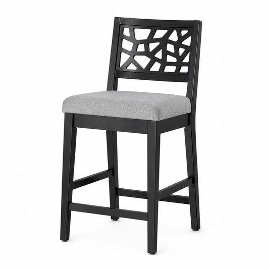 Tabouret de bar en bois noir avec dossier géométrique et assise en tissu gris, 45x50x100 cm