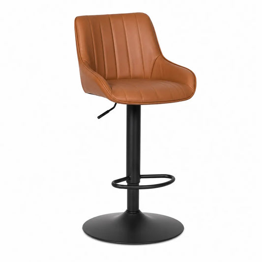 Tabouret de bar réglable en cuir PU marron avec base en acier noir