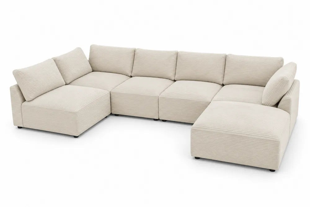 Canapé modulaire en tissu côtelé beige 5 places d'angle