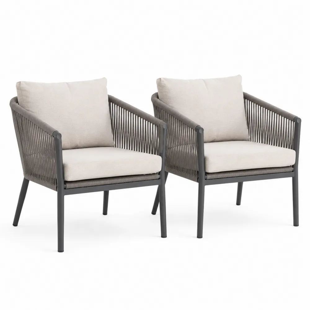 Lot de 2 fauteuils en aluminium et corde avec coussins beige
