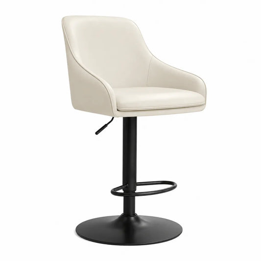 Tabouret de bar réglable en cuir synthétique crème avec base en acier noir