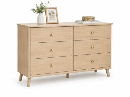 Commode 6 tiroirs en bois clair avec poignées en métal