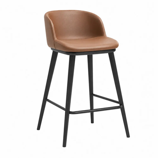 Tabouret de bar en cuir synthétique brun avec structure en bois