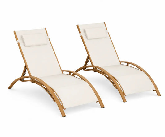 Lot de 2 chaises longues en bois et textilène blanc