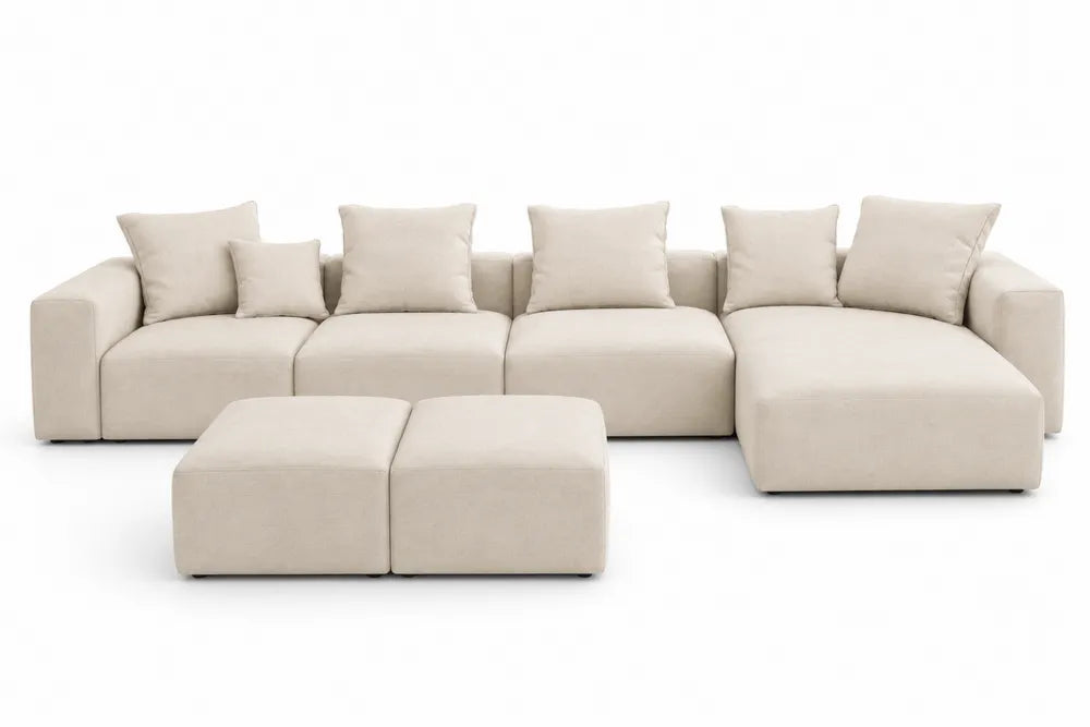 Canapé modulaire en tissu avec méridienne et repose-pieds 6 places beige