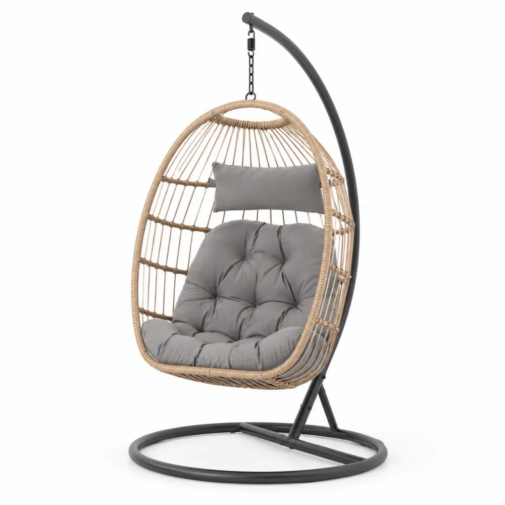Chaise suspendue en rotin avec coussin gris et structure en acier