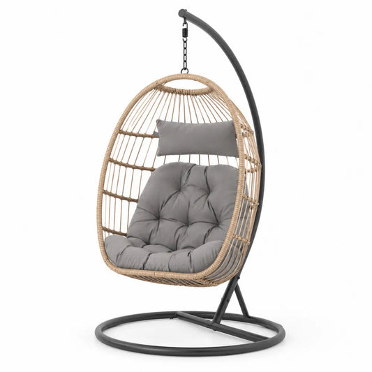 Chaise suspendue en rotin avec coussin gris et structure en acier