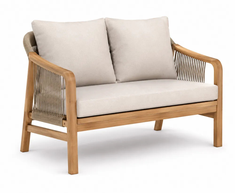 Canapé de jardin 2 places en teck et corde polyester avec coussins beige