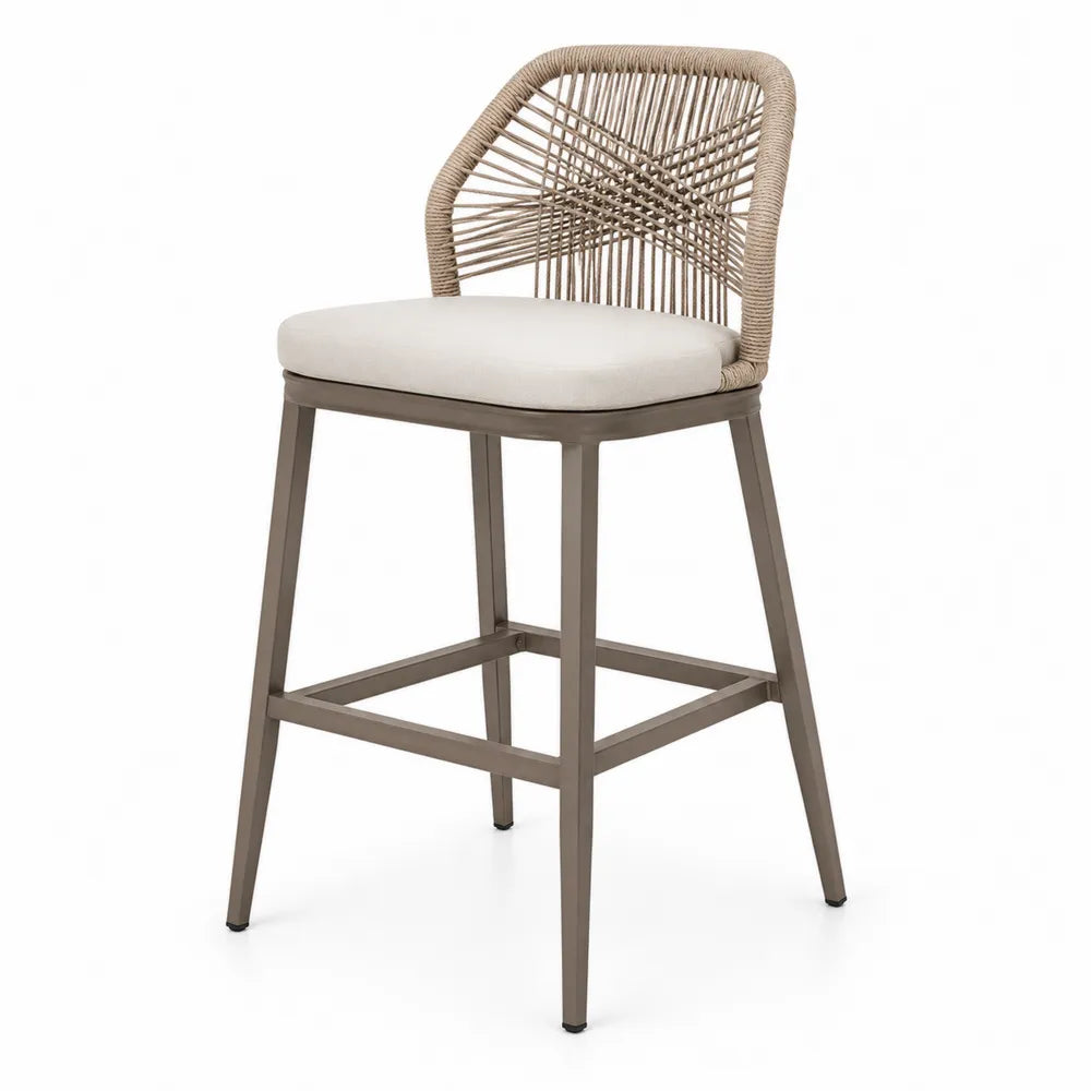 Tabouret de bar en métal et corde avec assise rembourrée beige